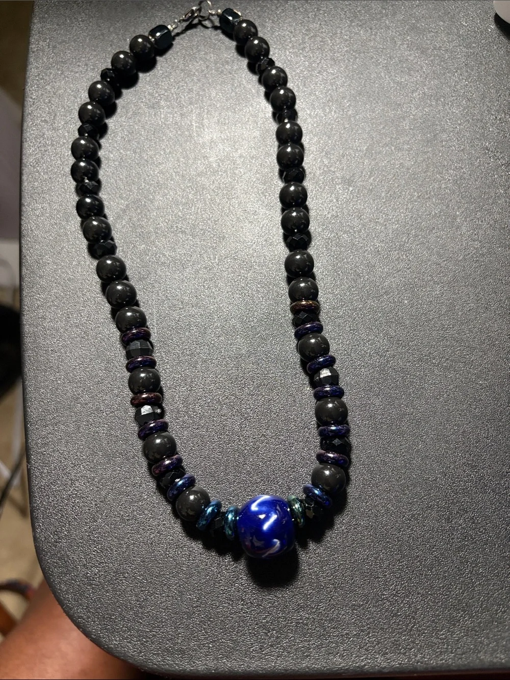 Black and Blue Beaded Necklace with Statement Blue Focal Bead